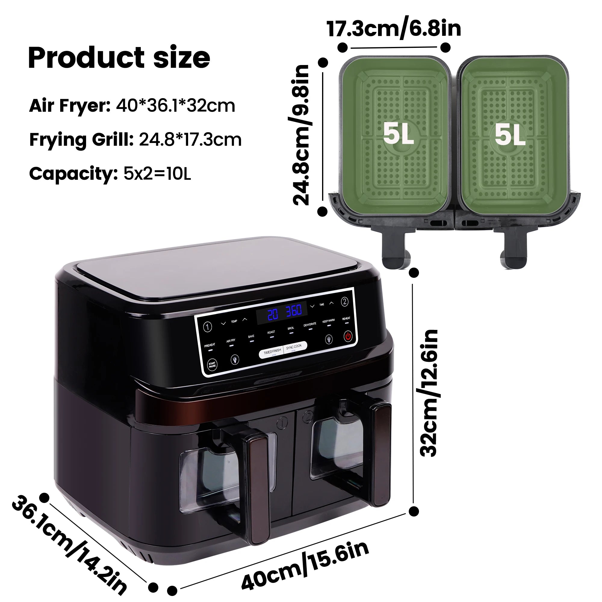 Hot air fryer 2 chambers with viewing window, 10L Double  drawers, Hot air fryer with touch screen 8 auto progrmas