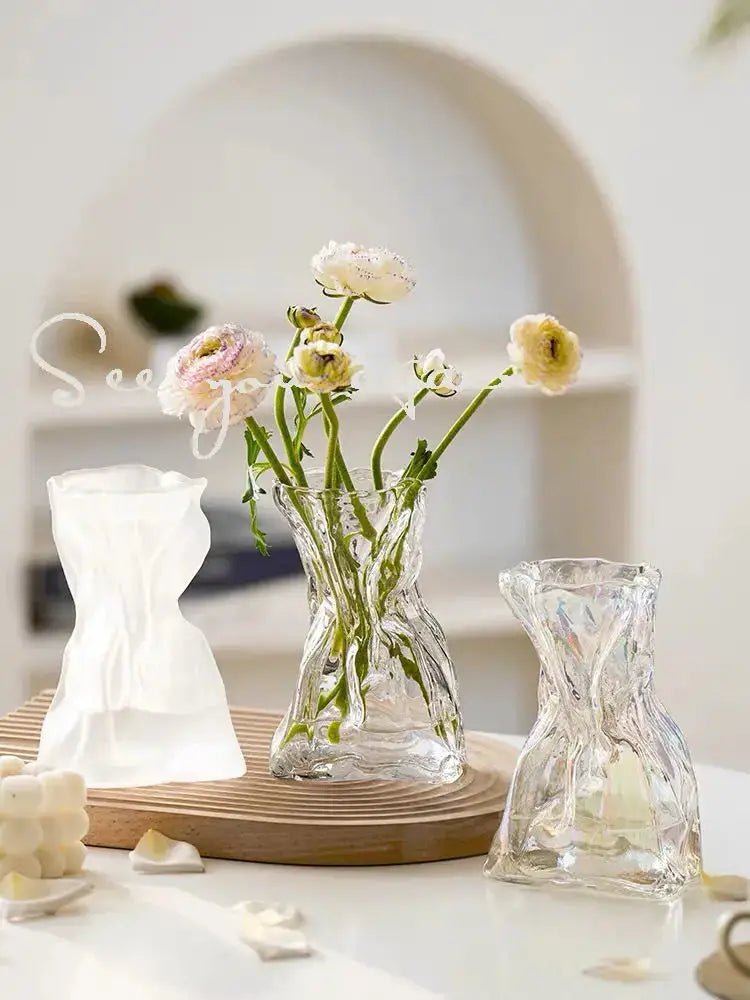 Irregular Transparent Glass Flower Vase 23cm*9cm Big Flower Bottle Tabletop Hydroponic Pot Home Living Room Table Decorations