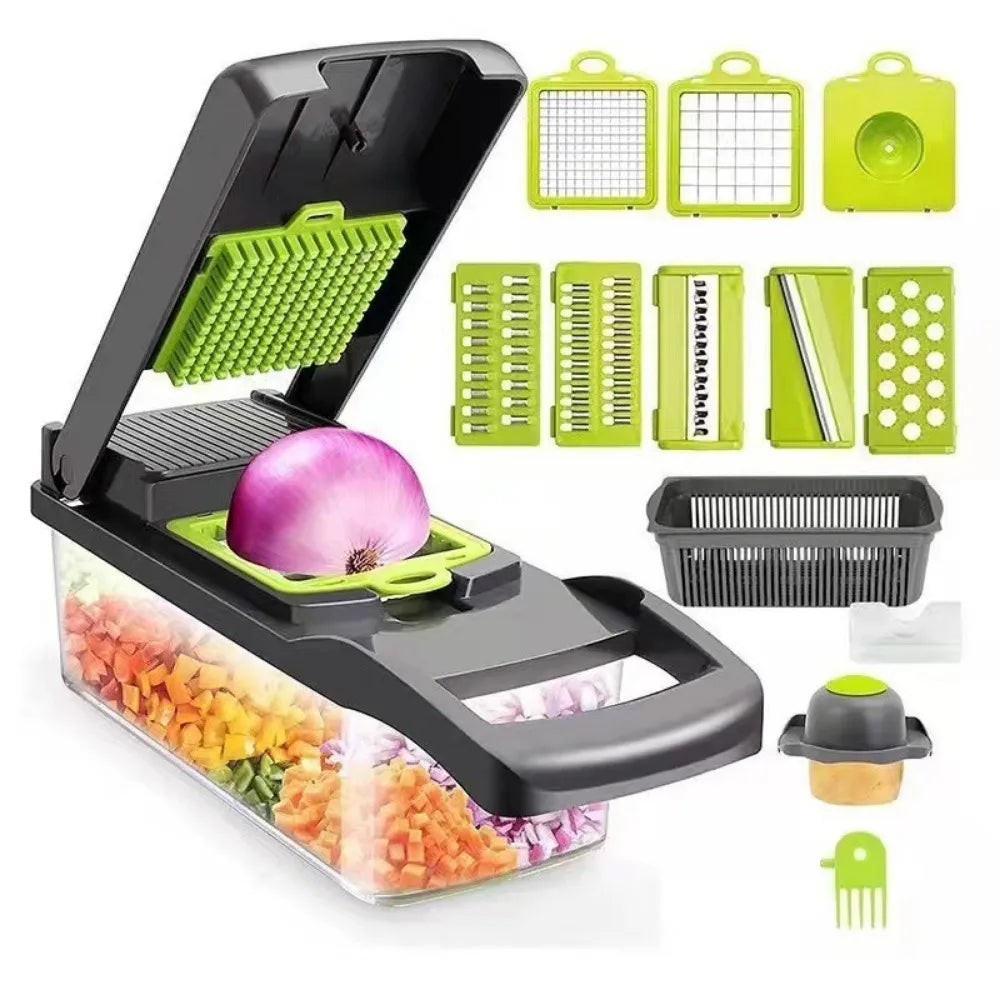 Picadora de verduras con mango ergonómico y contenedor transparente, ideal para cortar cebollas, zanahorias y otros ingredientes con facilidad.