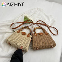 Summer Shoulder Bag Bamboo Handle Ladies Woven Tote Handmade Casual Fashion Simple Portable Adjustable Strap for Seaside Holiday