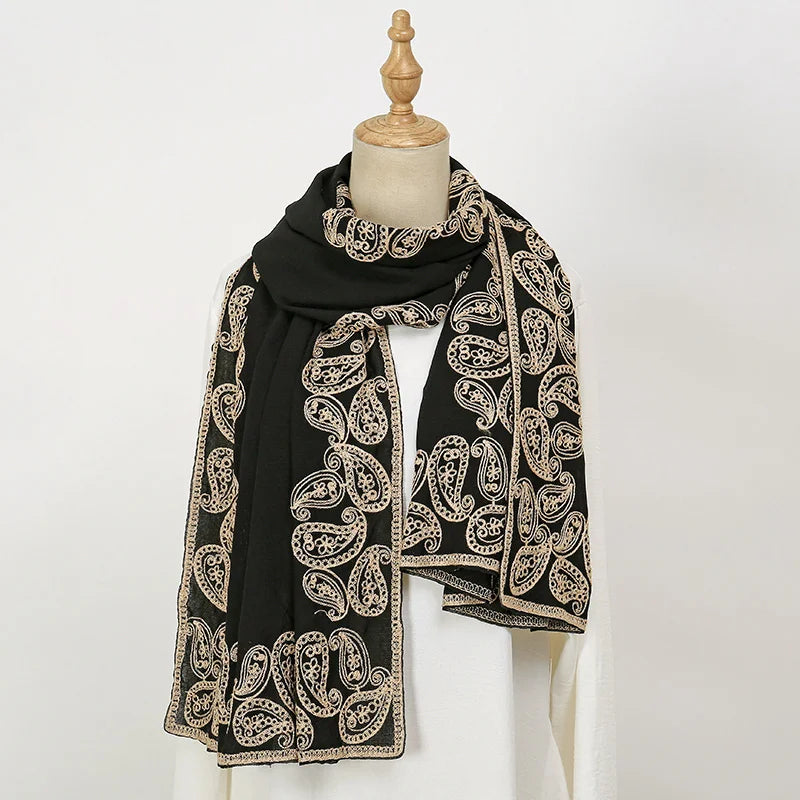 New Embroidery Cotton Hijab Scarf For Women Foulard Elegant Flower Long Scarf Headscarf Wraps Bandana Muslim Hijab Shawl Travel