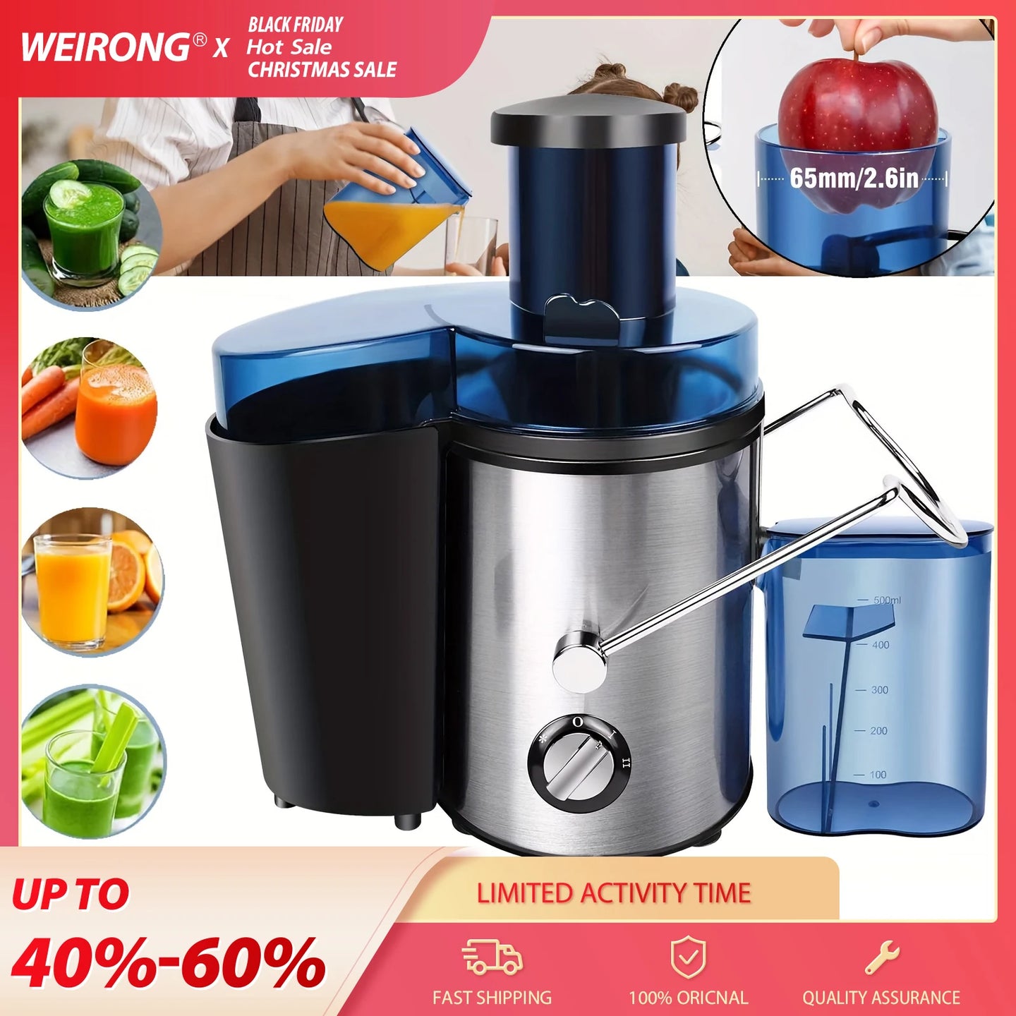 Extractor de jugos de 1000W con diseño de acero inoxidable y contenedor de 500ML. Ideal para frutas y verduras enteras con sistema centrífugo eficiente.