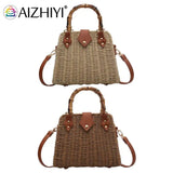 Summer Shoulder Bag Bamboo Handle Ladies Woven Tote Handmade Casual Fashion Simple Portable Adjustable Strap for Seaside Holiday