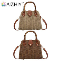 Summer Shoulder Bag Bamboo Handle Ladies Woven Tote Handmade Casual Fashion Simple Portable Adjustable Strap for Seaside Holiday
