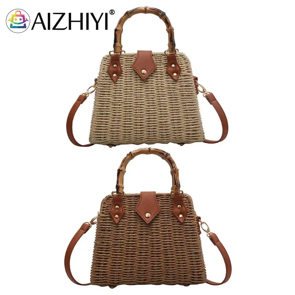 Summer Shoulder Bag Bamboo Handle Ladies Woven Tote Handmade Casual Fashion Simple Portable Adjustable Strap for Seaside Holiday