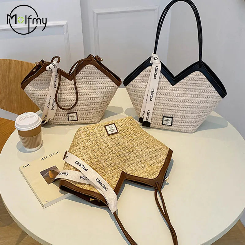 Ladies Beach Bag Vintage Handmade Woven Shoulder Handbag Large Capacity Rattan Bags Summer Vacation Casual Handbags Bolso Mujer