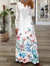 Spring Summer Women's New Fashionable Printed V-neck Sexy Lace Lace Patchwork Single Breasted Long Casual Comfortable Dress
