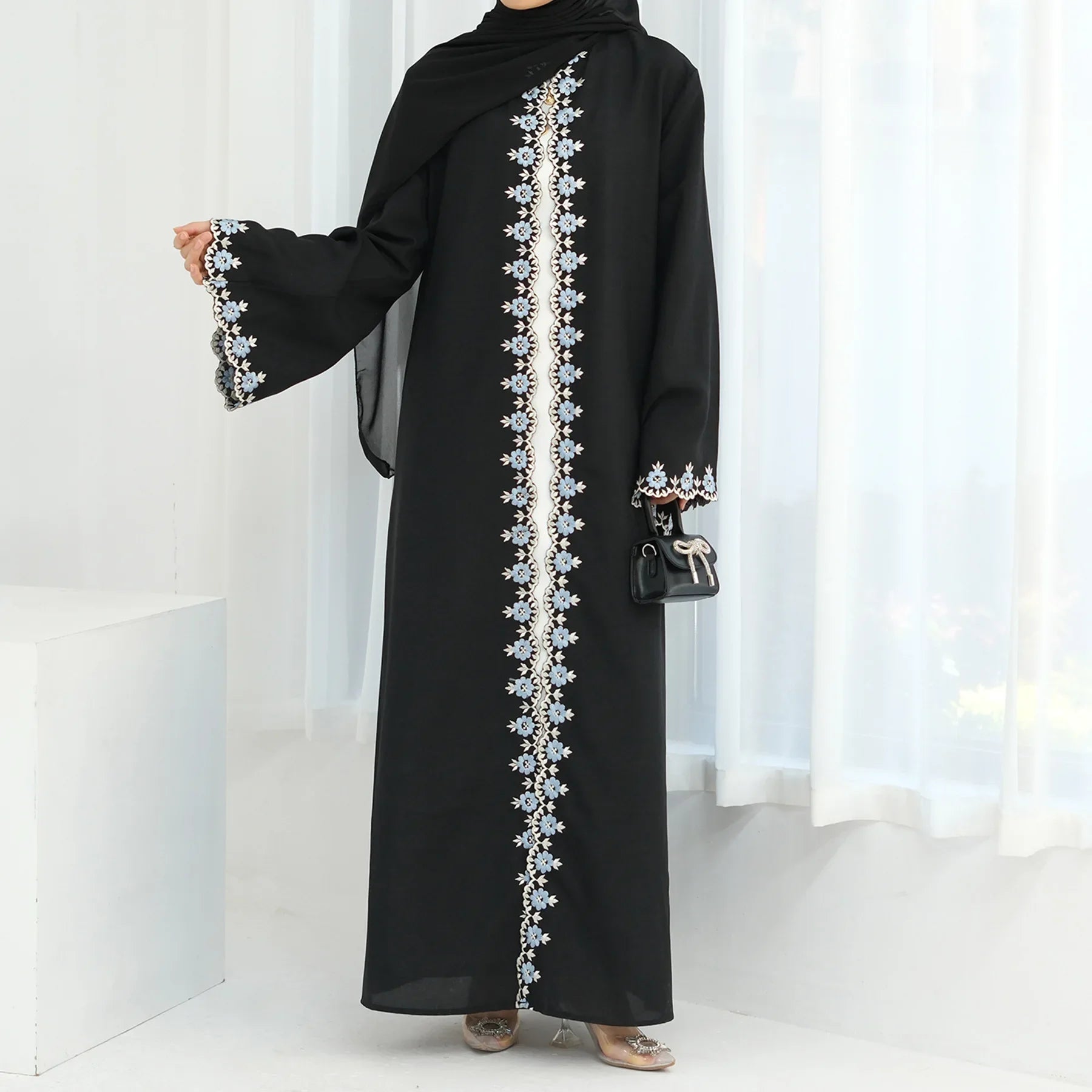 Eid Ramadan Flower Embroidery Abayas for Women Muslim Dress Dubai Open Abaya Turkey Kaftan Kebaya Caftan Marocain Femme Robe New