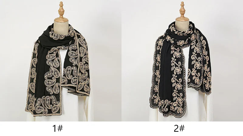 New Embroidery Cotton Hijab Scarf For Women Foulard Elegant Flower Long Scarf Headscarf Wraps Bandana Muslim Hijab Shawl Travel