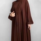 2 Piece Abaya Kimono + Inner Dress Matching Muslim Set Women Dubai Luxury Ramadan Balloon Sleeve Wrinkles Islamic Outfit Kaftan