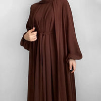 2 Piece Abaya Kimono + Inner Dress Matching Muslim Set Women Dubai Luxury Ramadan Balloon Sleeve Wrinkles Islamic Outfit Kaftan