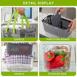 Detalles del cortador de verduras con asas resistentes, compartimentos de almacenamiento y colador integrado para mayor practicidad.