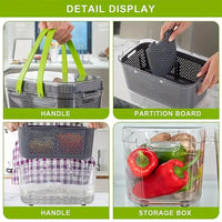 Detalles del cortador de verduras con asas resistentes, compartimentos de almacenamiento y colador integrado para mayor practicidad.