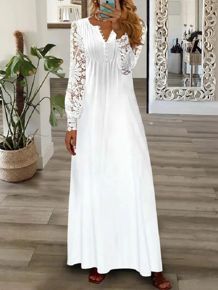 Spring Summer Women's New Fashionable Printed V-neck Sexy Lace Lace Patchwork Single Breasted Long Casual Comfortable Dress