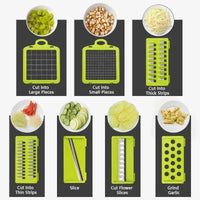 Accesorios del cortador de verduras multifuncional con diferentes tipos de cuchillas. Permite cortar, rallar y triturar con facilidad.