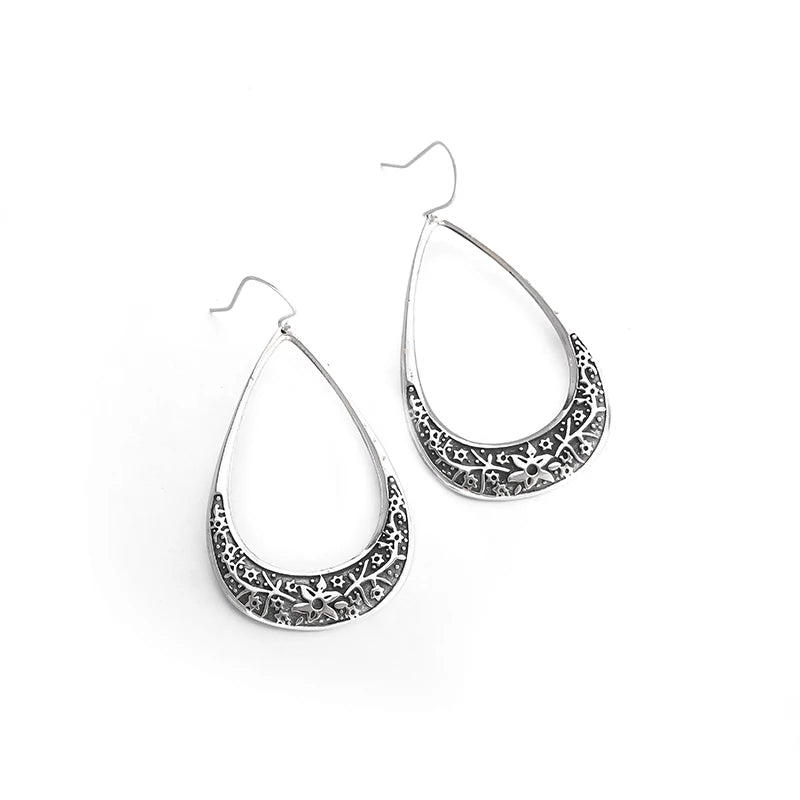 Silver-Plated Carved Flower Drop-Shaped Large Earrings Hypoallergenic Earrings for Women Retro Fashion Casual Party Jewelry