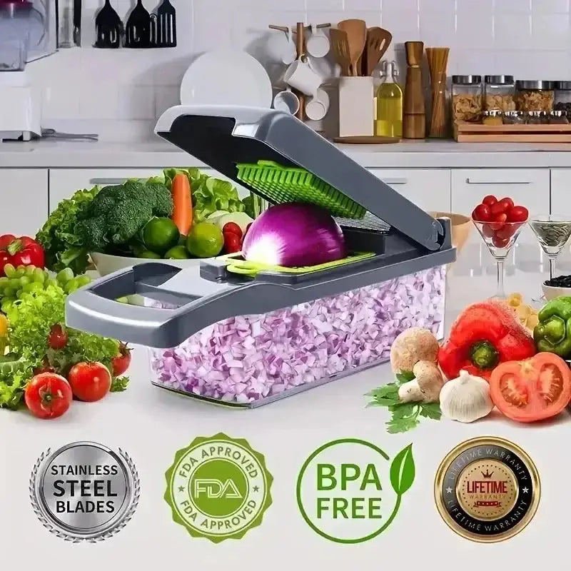 Cortador de verduras multifuncional en cocina con certificaciones FDA y BPA Free. Ideal para cortar cebollas, tomates y más con facilidad.