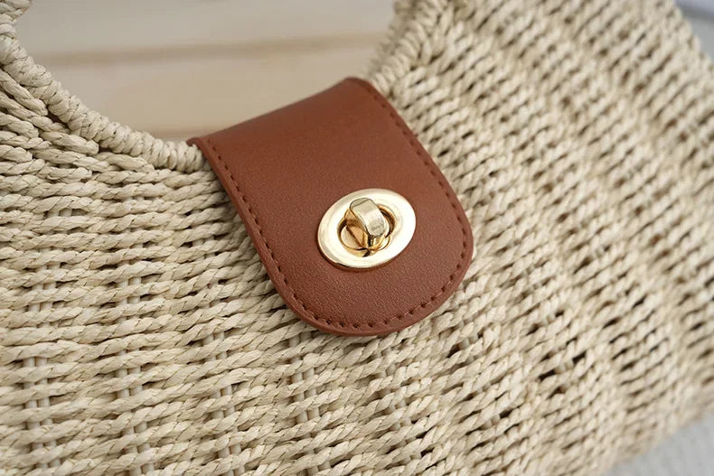 2024 Summer New Artistic Vintage Woven Handbag Single Shoulder Crossbody Bag Beach Vacation Fiberglass Strap Polyester Lining