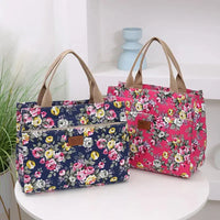 Fashion Floral Print Tote Bag, Portable Canvas Lunch Bag, Women's Casual Handbag & Bento Mommy Bag For Picnic Travel