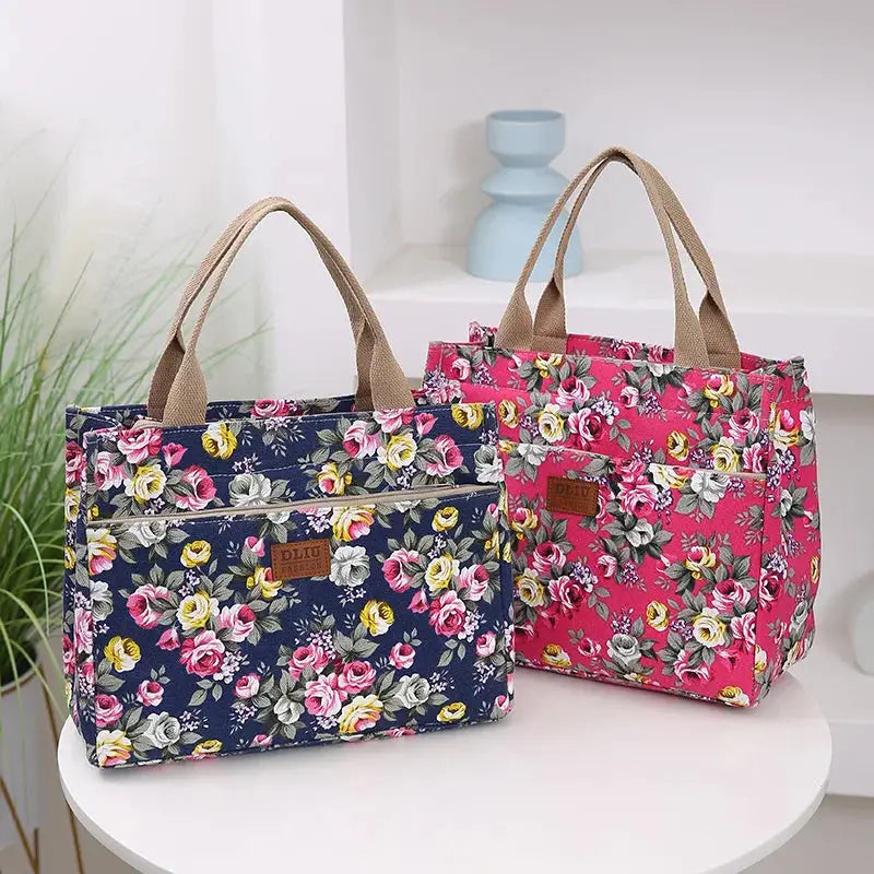 Fashion Floral Print Tote Bag, Portable Canvas Lunch Bag, Women's Casual Handbag & Bento Mommy Bag For Picnic Travel