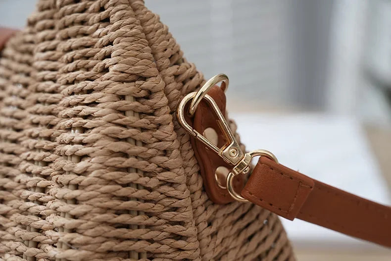 2024 Summer New Artistic Vintage Woven Handbag Single Shoulder Crossbody Bag Beach Vacation Fiberglass Strap Polyester Lining