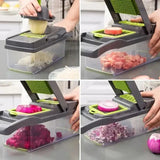 Demostración del chopper de verduras multifuncional cortando diferentes alimentos. Herramienta versátil para la cocina moderna.