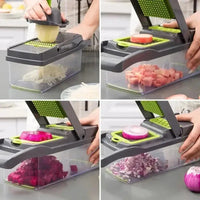 Demostración del chopper de verduras multifuncional cortando diferentes alimentos. Herramienta versátil para la cocina moderna.