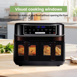 Hot air fryer 2 chambers with viewing window, 10L Double  drawers, Hot air fryer with touch screen 8 auto progrmas
