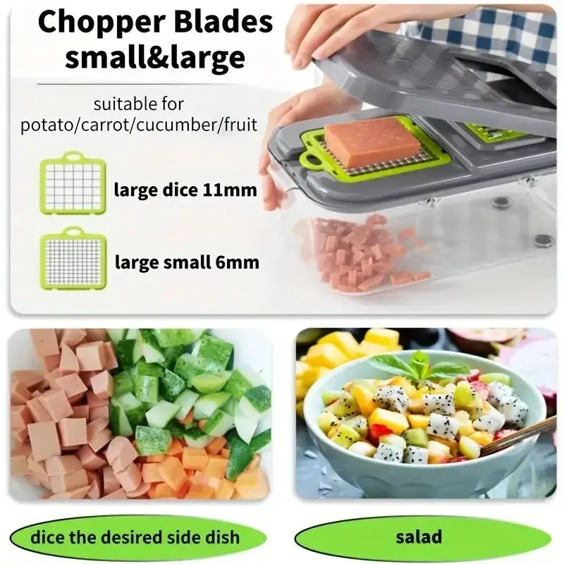 Cortador de alimentos con cuchillas para dados grandes y pequeños, perfecto para preparar ensaladas y guisos con ingredientes frescos.