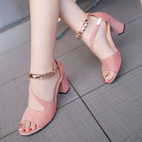 Summer Women Fish Mouth Style High-Heeled Shoes Size 43 Solid Color Fashion Beaded One-line Buckle All-matching Low Top Sandals
