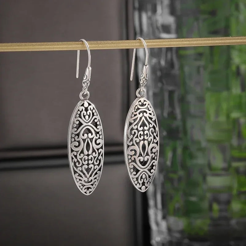 Silver-Plated Carved Flower Drop-Shaped Large Earrings Hypoallergenic Earrings for Women Retro Fashion Casual Party Jewelry