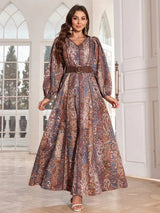 TOLEEN 2024 Fashion Women Spring/Summer Long Elegant Arab Style Lantern Sleeve Caftan Dress With Paisley Flower Print And V-Neck