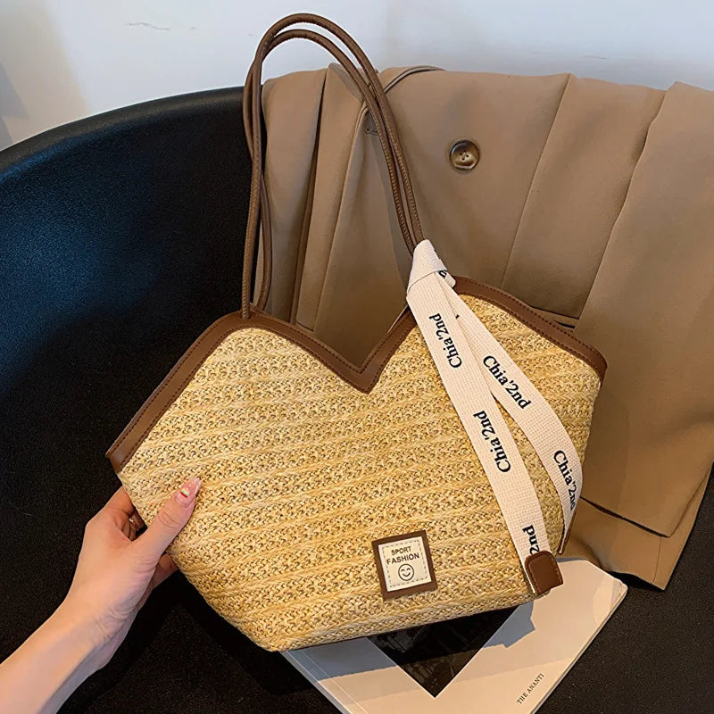 Ladies Beach Bag Vintage Handmade Woven Shoulder Handbag Large Capacity Rattan Bags Summer Vacation Casual Handbags Bolso Mujer