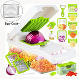Cortador de verduras 12 en 1 multifuncional y manual con contenedor. Incluye cuchillas intercambiables para rebanar, rallar y picar fácilmente.