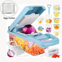 Cortador de verduras 12 en 1 multifuncional y manual con contenedor. Incluye cuchillas intercambiables para rebanar, rallar y picar diversos alimentos.