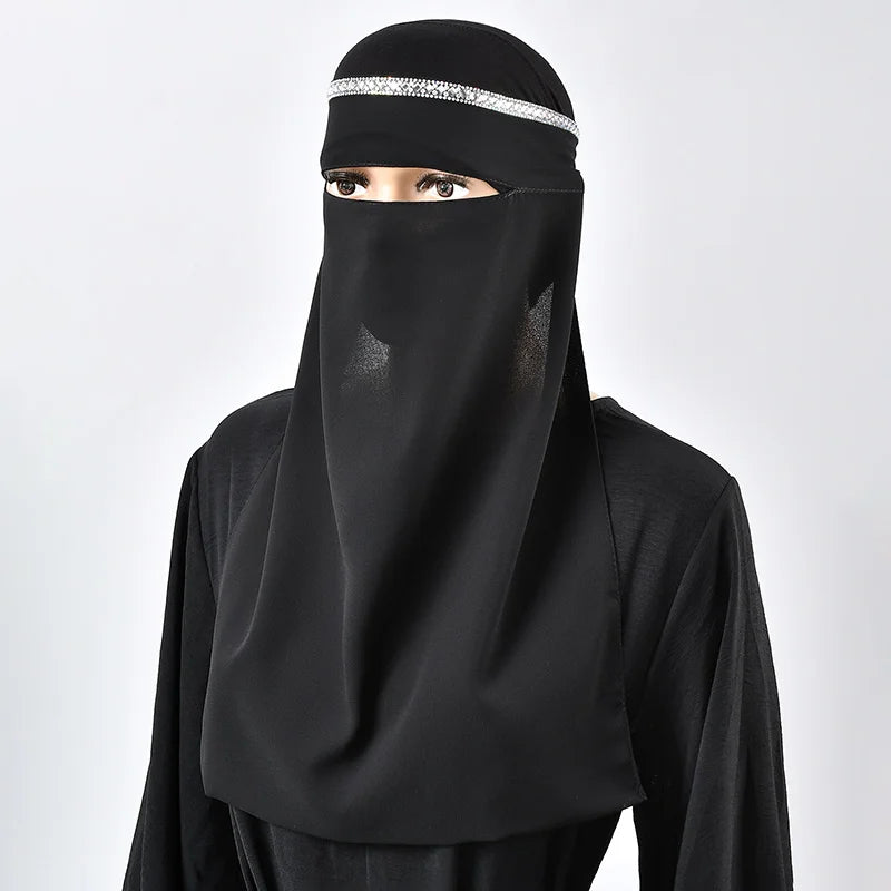 Middle East Chiffon Hijab With Rhinestone Mesh Mask Tie Instant Hijab Islamic Plain Color Scarf Middle East Full Cover Khimars