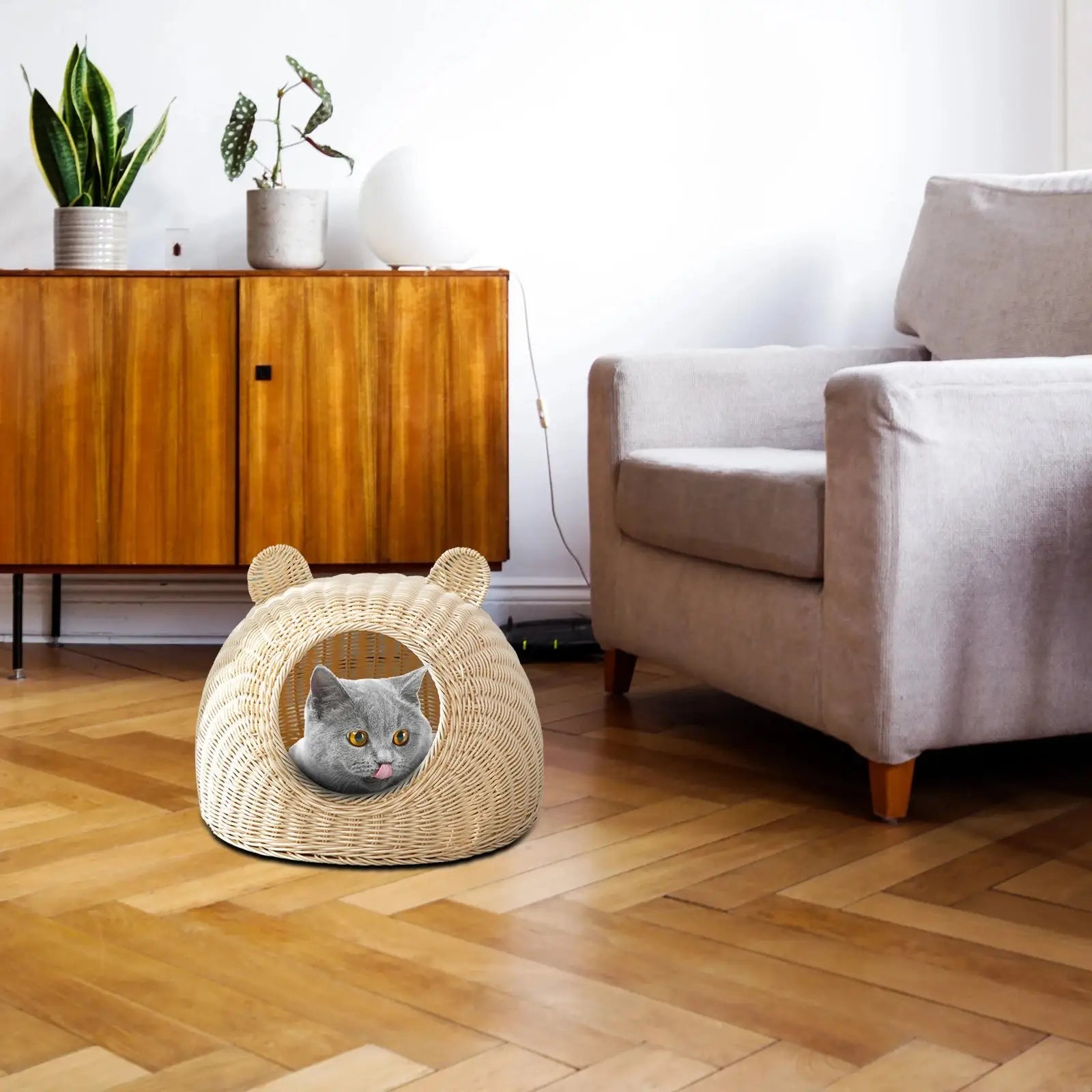 Cat Shaped Rattan Cat Bed Indoor Washable Kitten Nest Pet Semi-Closed Cage Small Cat Playing Sleeping Kennel Pet Supplies