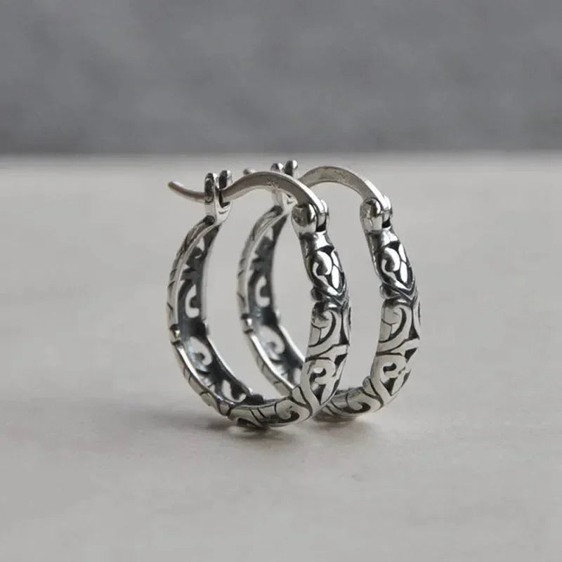 Silver-Plated Carved Flower Drop-Shaped Large Earrings Hypoallergenic Earrings for Women Retro Fashion Casual Party Jewelry
