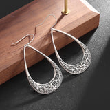 Silver-Plated Carved Flower Drop-Shaped Large Earrings Hypoallergenic Earrings for Women Retro Fashion Casual Party Jewelry