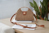 2024 Summer New Artistic Vintage Woven Handbag Single Shoulder Crossbody Bag Beach Vacation Fiberglass Strap Polyester Lining