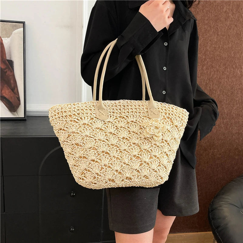 Summer Large Capacity Hand Knitting Straw Bag with Inner Pocket Casual Crochet Beach Handbag Travel Vacation Shopping Tote 2025