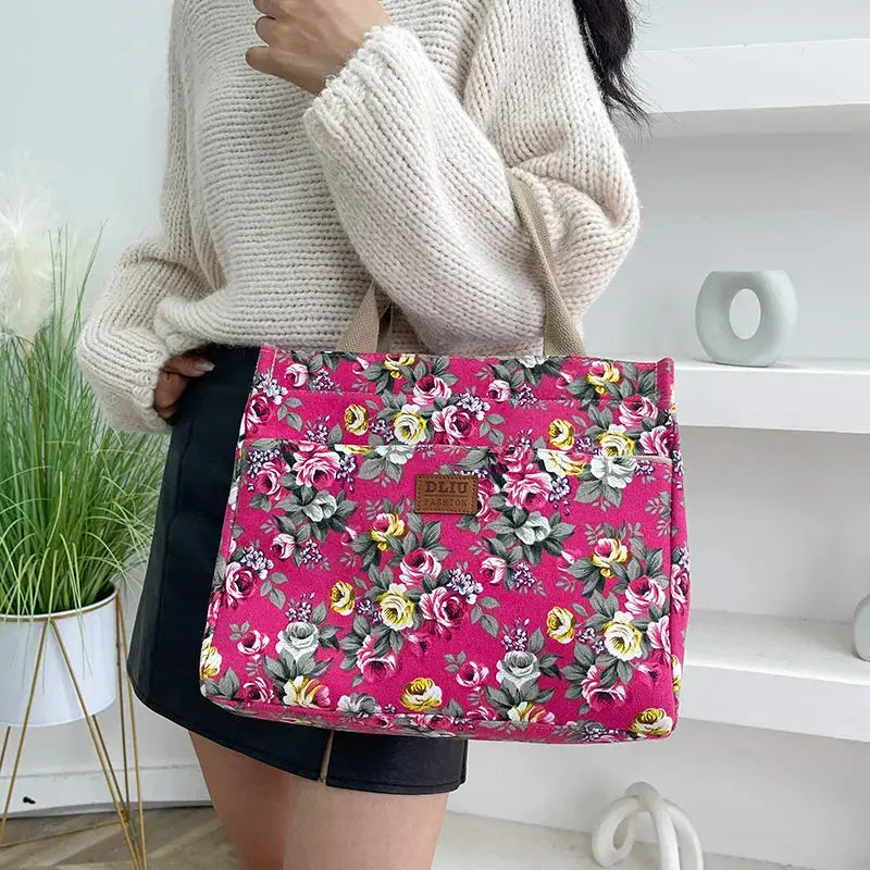 Fashion Floral Print Tote Bag, Portable Canvas Lunch Bag, Women's Casual Handbag & Bento Mommy Bag For Picnic Travel