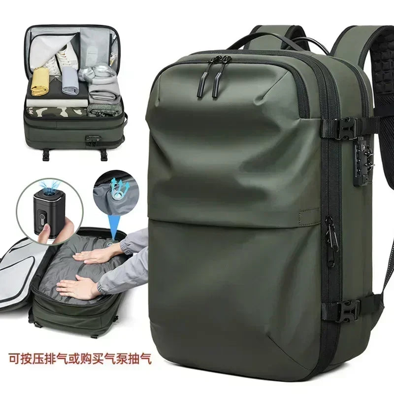 60L Airback Vacuum Compression Backpack with Wheels Expandable Men Waterproof Carry On Travel Backpacks 17 inch Laptop Backpack