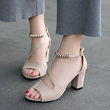 Summer Women Fish Mouth Style High-Heeled Shoes Size 43 Solid Color Fashion Beaded One-line Buckle All-matching Low Top Sandals