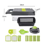 Dimensiones del chopper de verduras multifuncional con accesorios incluidos. Diseño compacto y práctico para cualquier cocina.