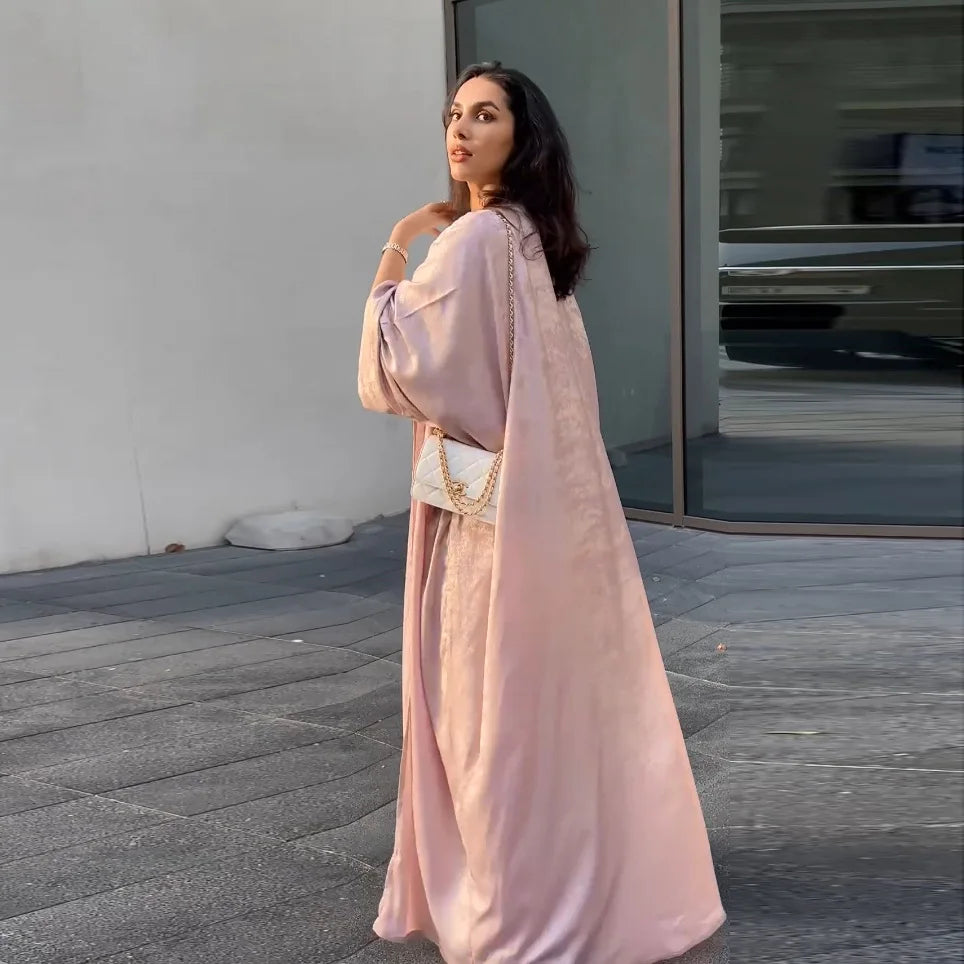 2024 Ramadan Eid Shiny Batwing Satin Open Kimono Abaya Dubai Luxury Muslim Abayas For Women Kaftan Dress Islamic Clothing Femme