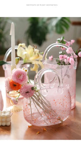 Pink Pail Glass Handbag Home Decor Flower Vase Decoration Piece Creative Internet Celebrity INS Wind Hydroponic Vase Retro