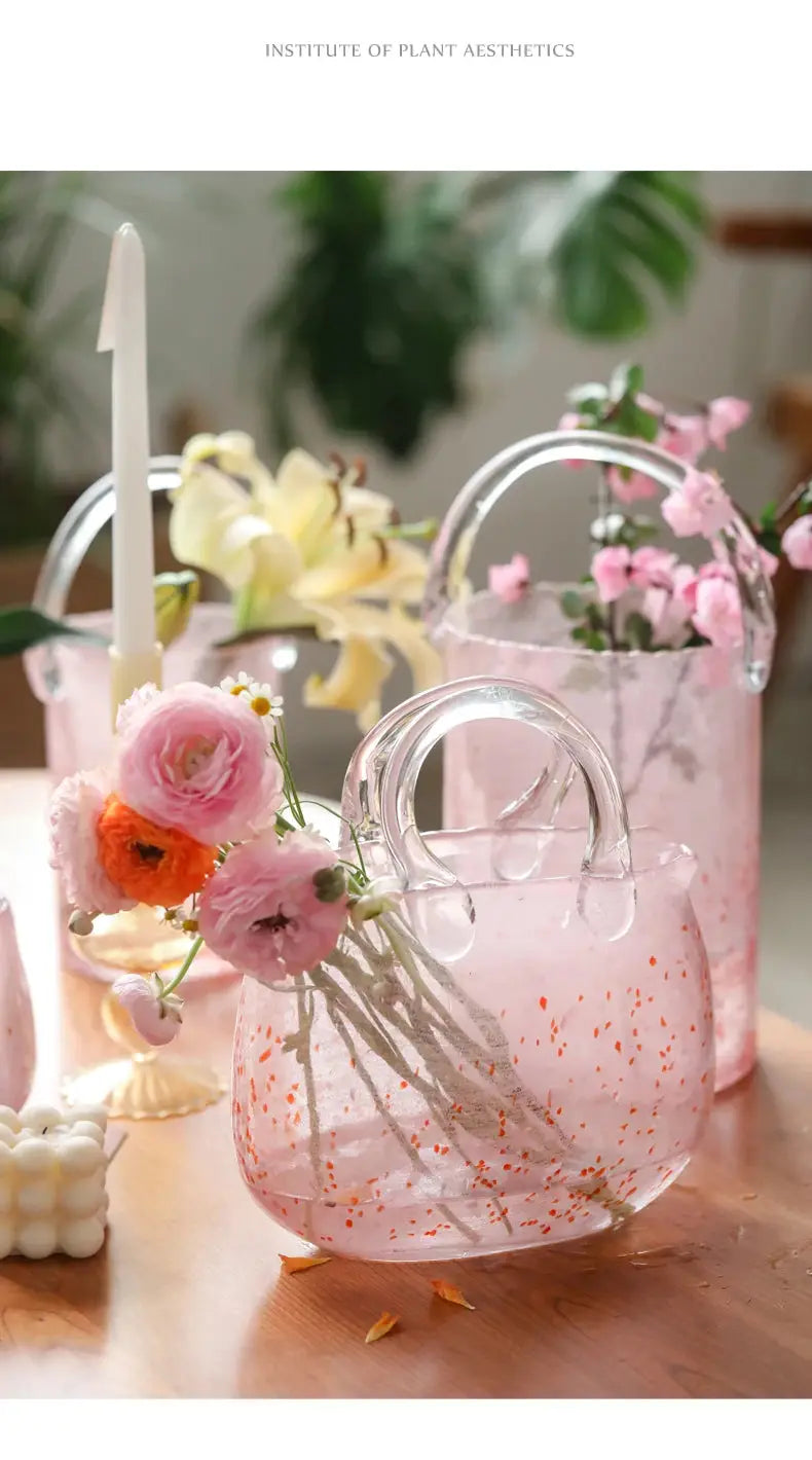 Pink Pail Glass Handbag Home Decor Flower Vase Decoration Piece Creative Internet Celebrity INS Wind Hydroponic Vase Retro