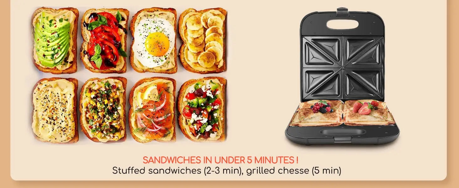 XXL Sandwich Maker for 4 Sandwiches, Non-Stick Coating, Fast Heating, Automatic Temperature Control, Led Indicator, Vertical Storage, Bpa Free, 1400W