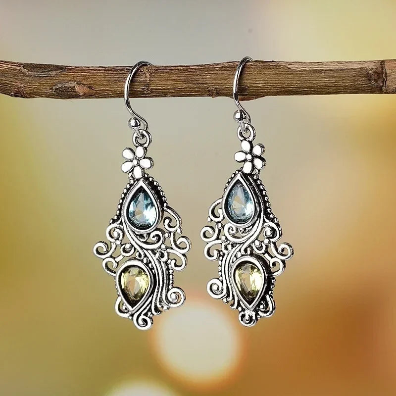 Silver-Plated Carved Flower Drop-Shaped Large Earrings Hypoallergenic Earrings for Women Retro Fashion Casual Party Jewelry